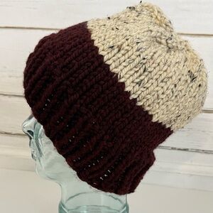 Handmade Two-Tone Knit Beanie – Burgundy & Cream